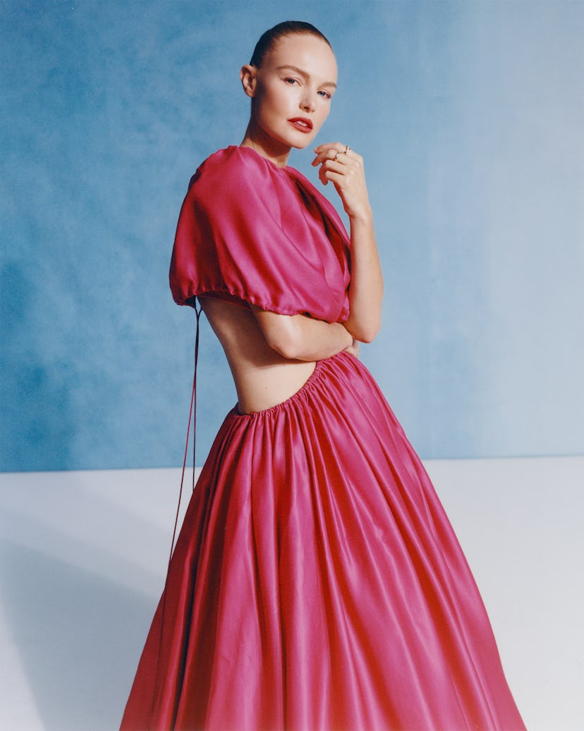 Kate Bosworth poses in Brandon Maxwell's ruby-pink ball gown