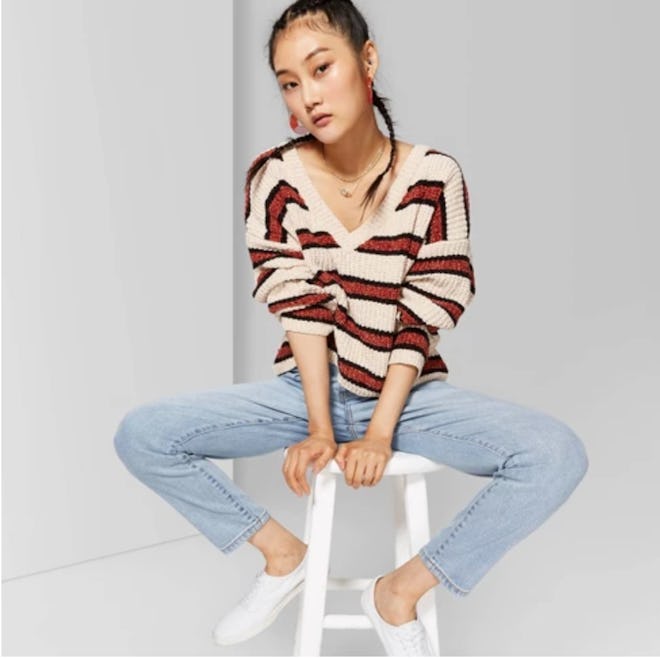 Women's Striped Long Sleeve V-Neck Sweater - Wild Fable™ Beige/Brown