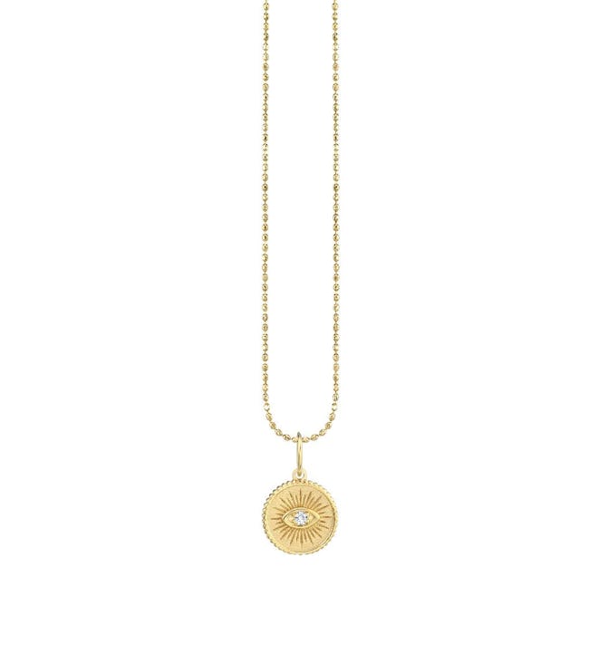 Small Yellow Gold & Diamond Marquis Eye Coin Necklace 