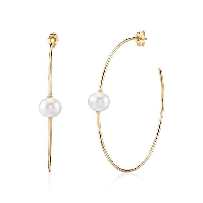 Large Yellow-Gold Single Pearl Hoops 