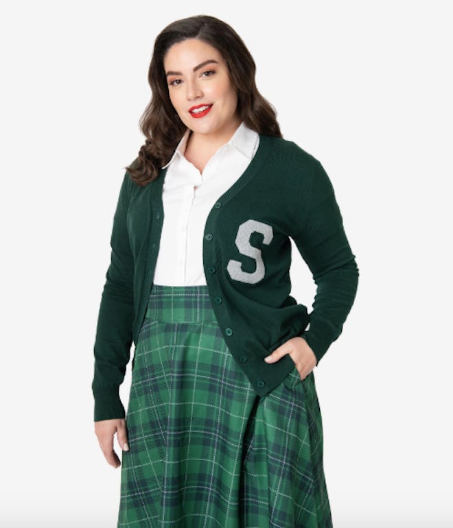 Plus Size 1950s Emerald Green & Silver Pansy Letterman Cardigan