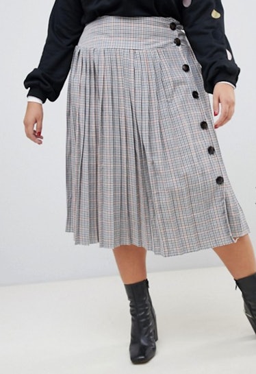 Neon Rose Plus pleated midi skirt with button side in check