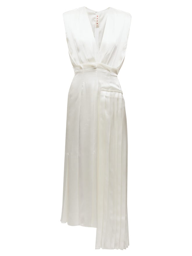 Asymmetric Pleated Satin Dress