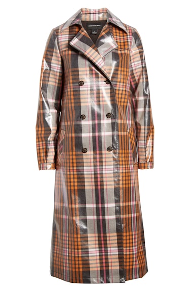 Something Navy Water Resistant Plaid Glossy Trench Coat