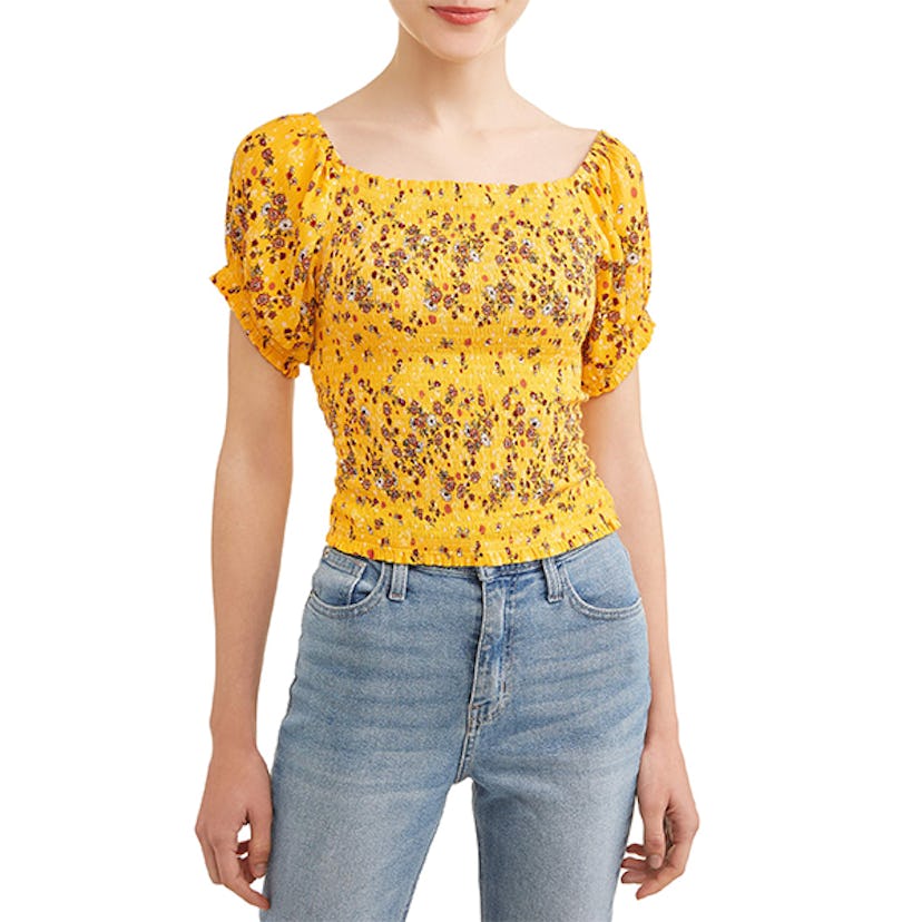 Self Esteem Juniors' Floral Smocked Square Neck Puff Sleeve Blouse