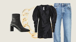 Heeled Ankle Boots,Cynthia High Relaxed Jean, Wrap-Effect Stretch-Satin Mini Dress, Gold-Tone Neckla...