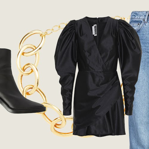 Heeled Ankle Boots,Cynthia High Relaxed Jean, Wrap-Effect Stretch-Satin Mini Dress, Gold-Tone Neckla...
