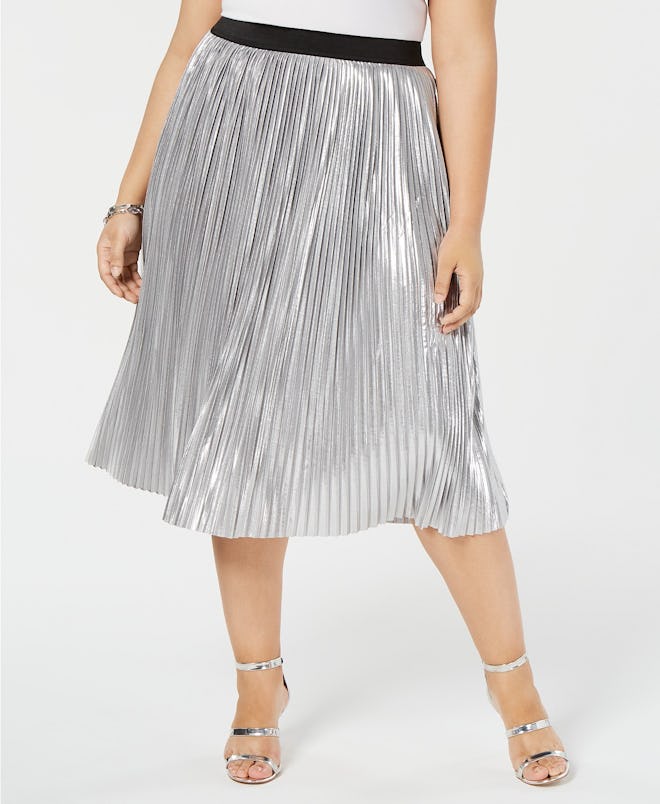 I.N.C. Plus Size Metallic Pleated Midi Skirt, Created For Macy's