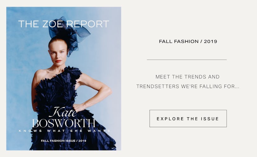 Kate Bosworth wearing a black dress on the cover of "The Zoe Report Fall Fashion 2019"