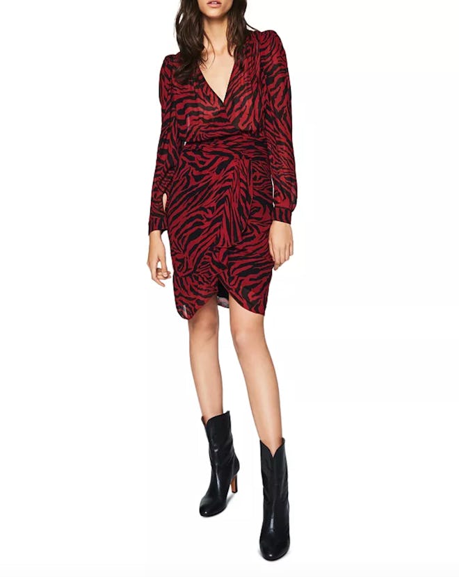 Saphir Puff-Shoulder Zebra Print Dress