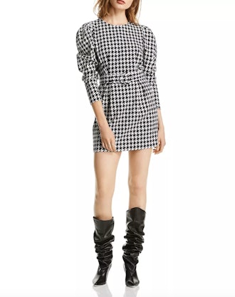 Riley Puff-Sleeve Houndstooth Dress