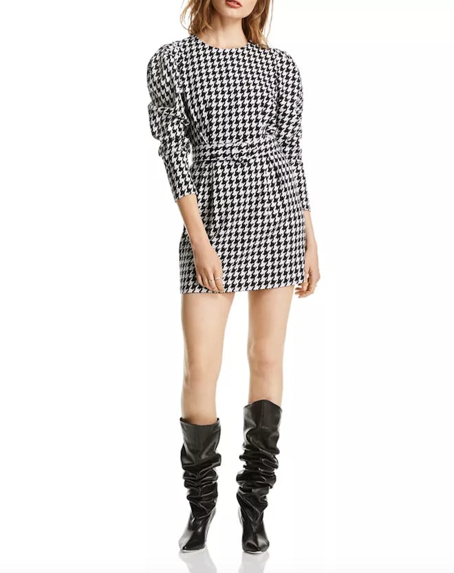 Riley Puff-Sleeve Houndstooth Dress