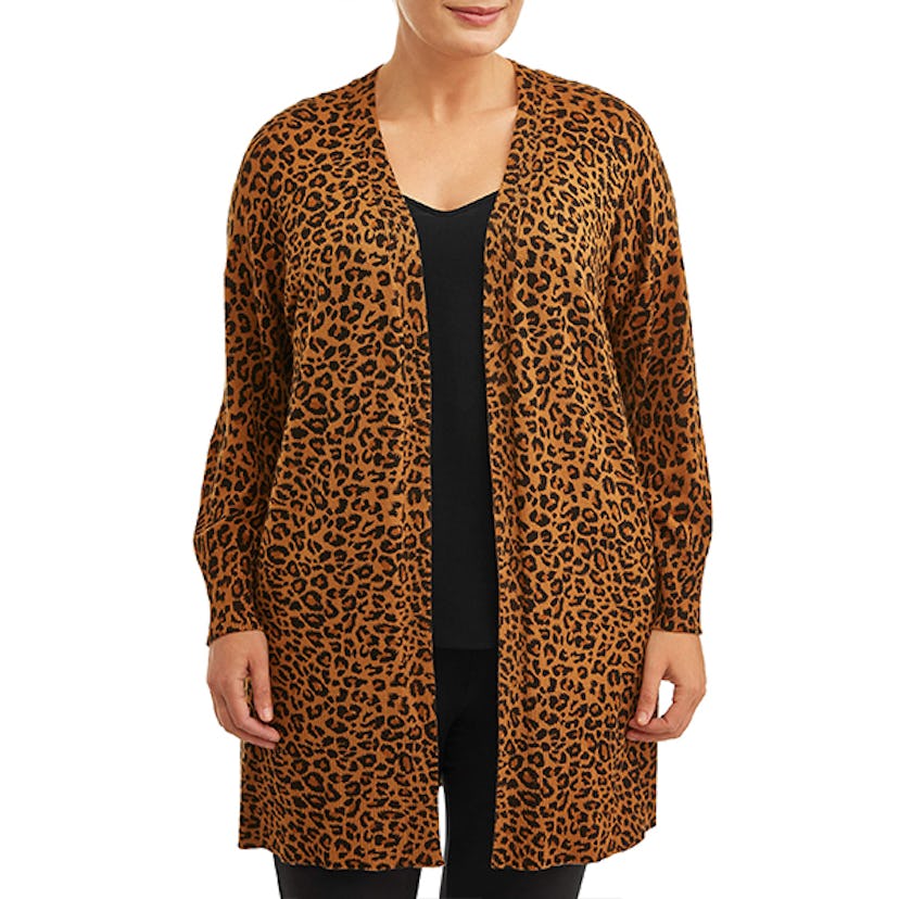 Women's Plus Size Leopard Sweater Cardigan with Pockets