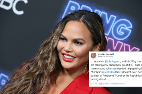 Chrissy Teigen next to Donald Trumps tweet where he called her a "filthy mouthed wife"