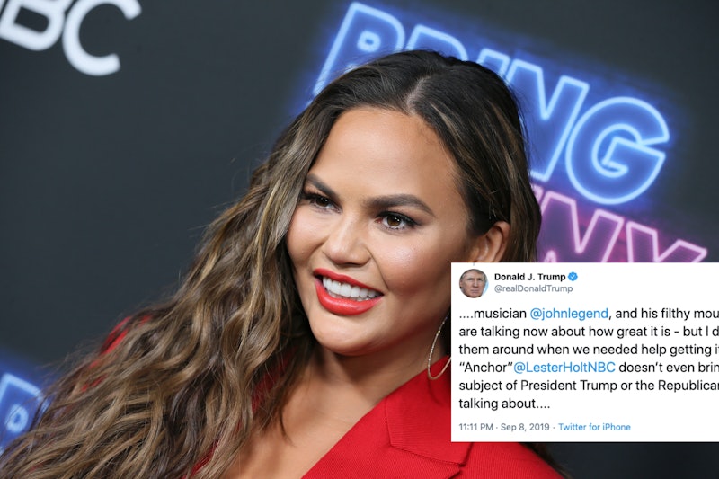 Chrissy Teigen next to Donald Trumps tweet where he called her a "filthy mouthed wife" 