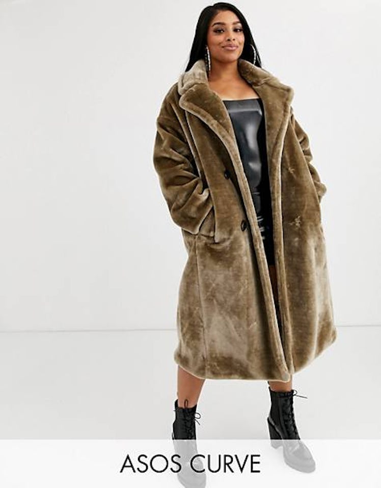 ASOS DESIGN Curve plush faux fur maxi coat with seam detailing in gray