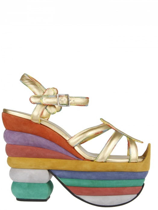 Heel sandal with a green, white, yellow, purple, pink, and orange platform
