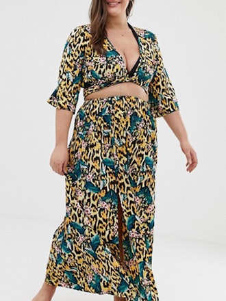 Tropical Animal-Print Tie Front Beach Top and Skirt Two-Piece Set