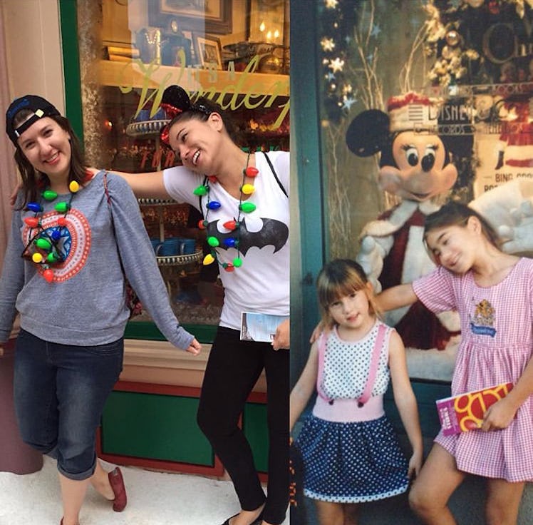 Sisters pose the same at Disney together. 