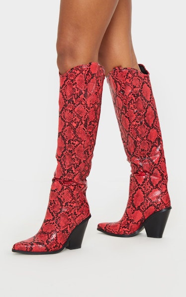 PrettyLittleThing Red Snake Heeled Knee High Western Boot