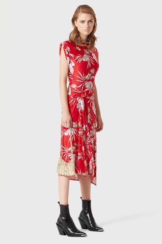 Red mid-length dress in printed jersey