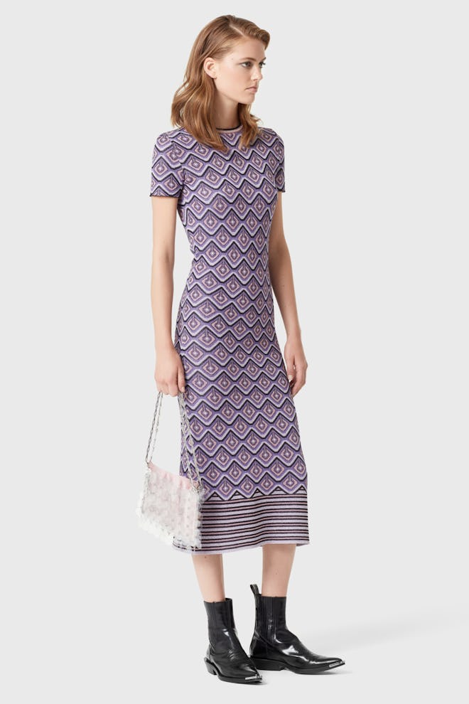 Long fitted dress in printed lurex