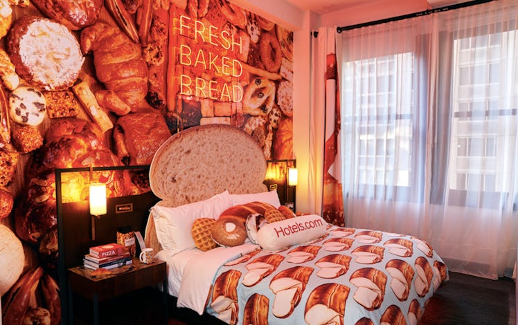 Hotels.com's Bread and Breakfast Hotel features carb-filled decorations.