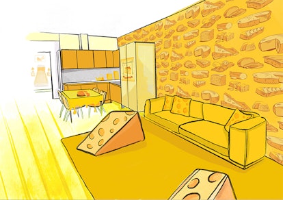 Concept art of the Cheese Suite by Café Rouge shows a block of cheese furniture and cheese throw pil...
