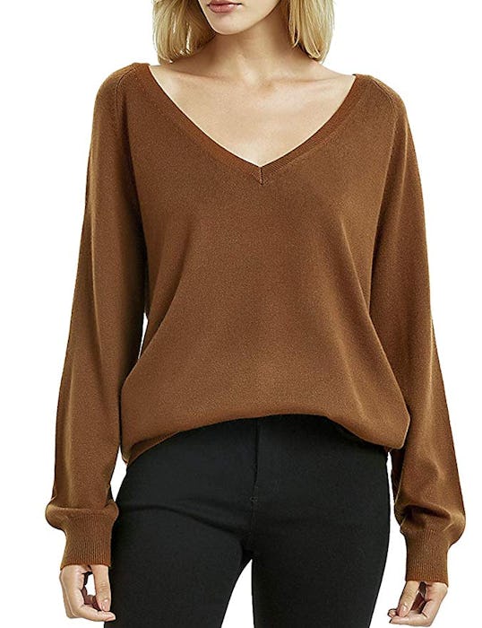 Kallspin Women's Deep V Neck Cashmere Sweater