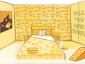 Concept art of the Cheese Suite by Café Rouge shows a cheese-themed bed and cheese art on the walls....