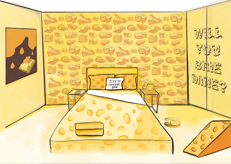 Concept art of the Cheese Suite by Café Rouge shows a cheese-themed bed and cheese art on the walls....