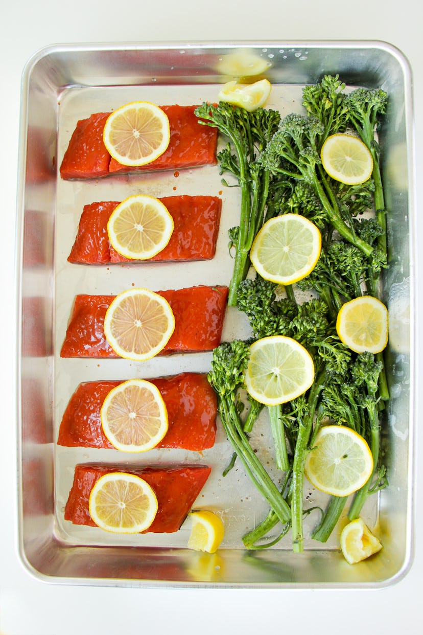 sheet pan salmon and broccolini pre-cooked