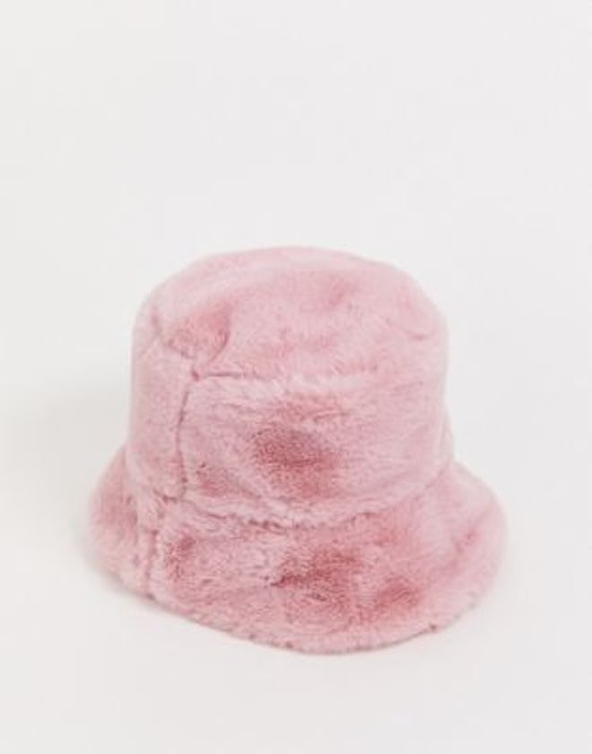 Faux Fur Bucket Hat In Pink
