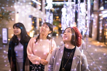 Three Asian women looking up at moon on winter night