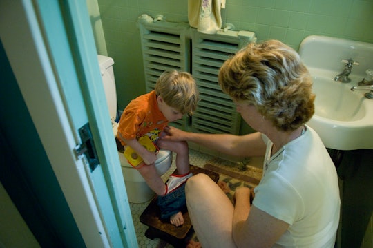 A 3-year-old learns how to use the toilet.