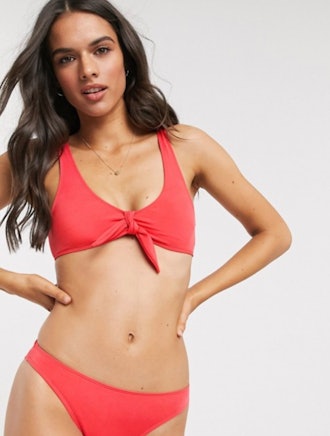 Monki recycled tie front bikini top in red