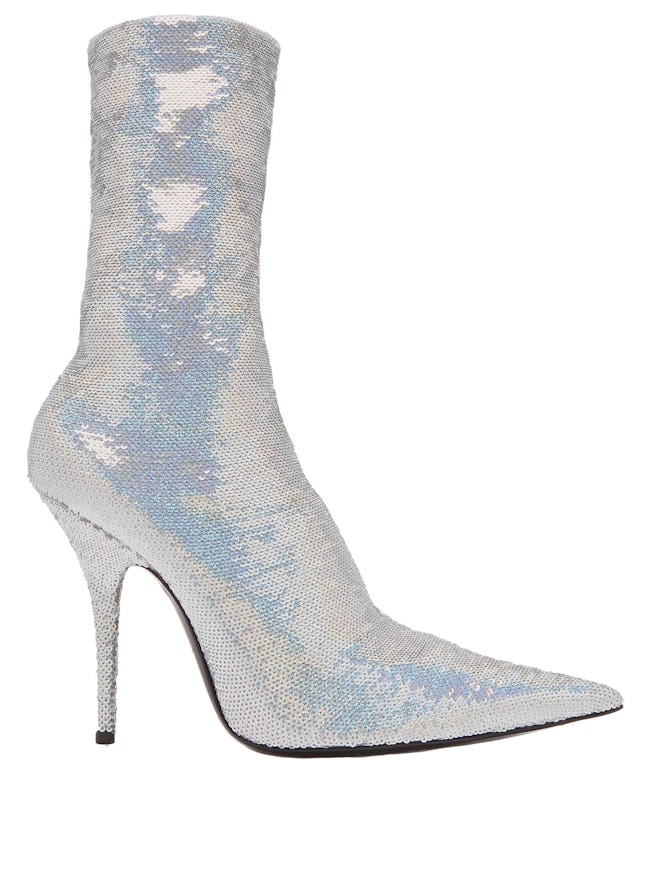  Iridescent Silver Sequin-Embroidered Knife Bootie