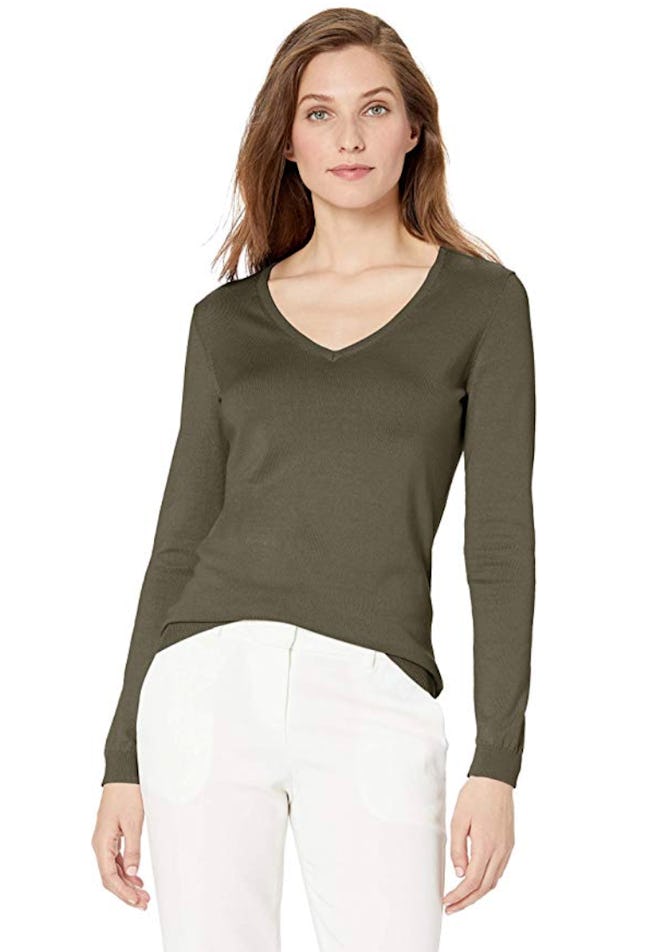 Lark & Ro Women's Long Sleeve V Neck Pima Cotton Sweater