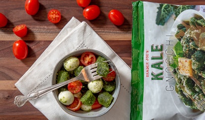 Trader Joe's new Kale Gnocchi pairs great with pesto, mozzarella, and tomatoes.
