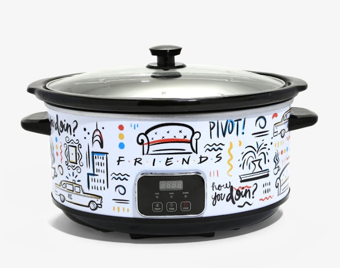 An image of a white slow cooker with doodles featuring quotes from the show 'Friends' upon it. 