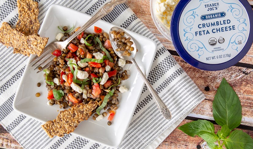 Trader Joe's pre-cooked lentils paired with bruschetta and feta are an easy and delicious meal prep ...