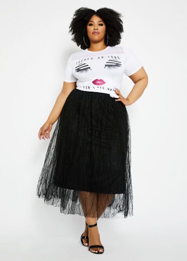 Ashley Stewart Embroidered Tulle Midi Skirt