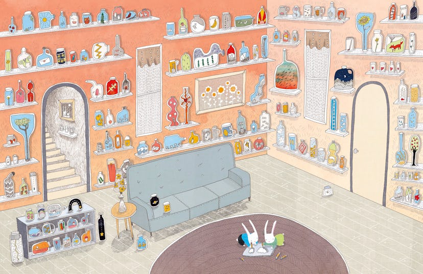 two bunnies lying on floor surrounded by a wall of jars containing memories