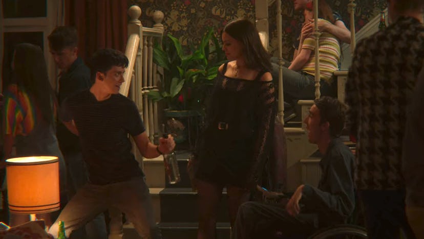 Asa Butterfield as Otis, Emma Mackey as Maeve, and George Robinson as Isaac in Sex Education Season ...