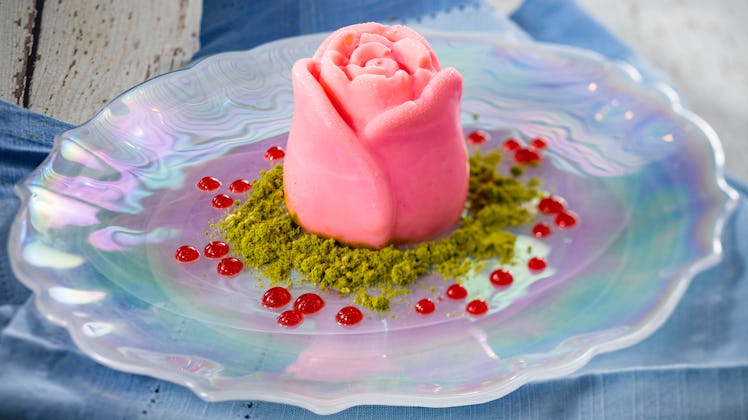 The rose-shaped Panna Cotta served at Epcot's International Festival of the Arts sits on a plate. 