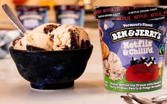 a bowl and pint of ben & jerry's "Netflix & chill'd" flavor