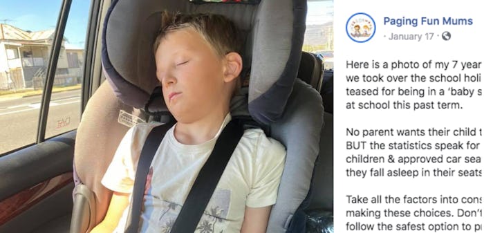 A mom on Facebook is speaking out on keeping her 7-year-old son in a car seat. 
