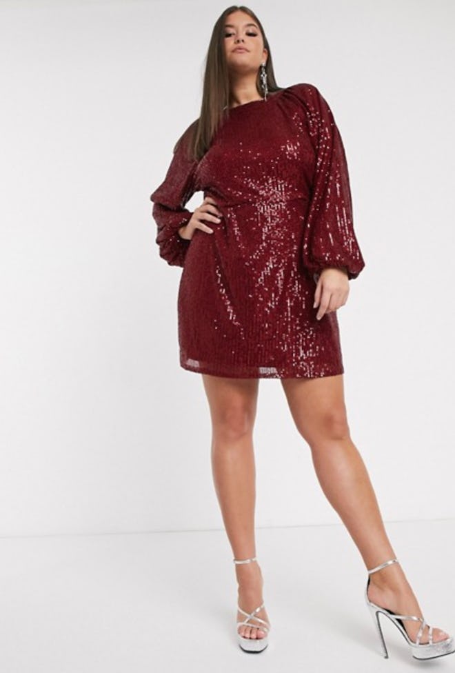 Missguided Plus balloon sleeve sequin dress in red