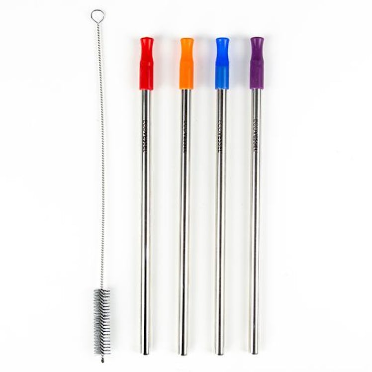 Stainless steel set of 4 reusable straws w/silicone tips & cleaning brush