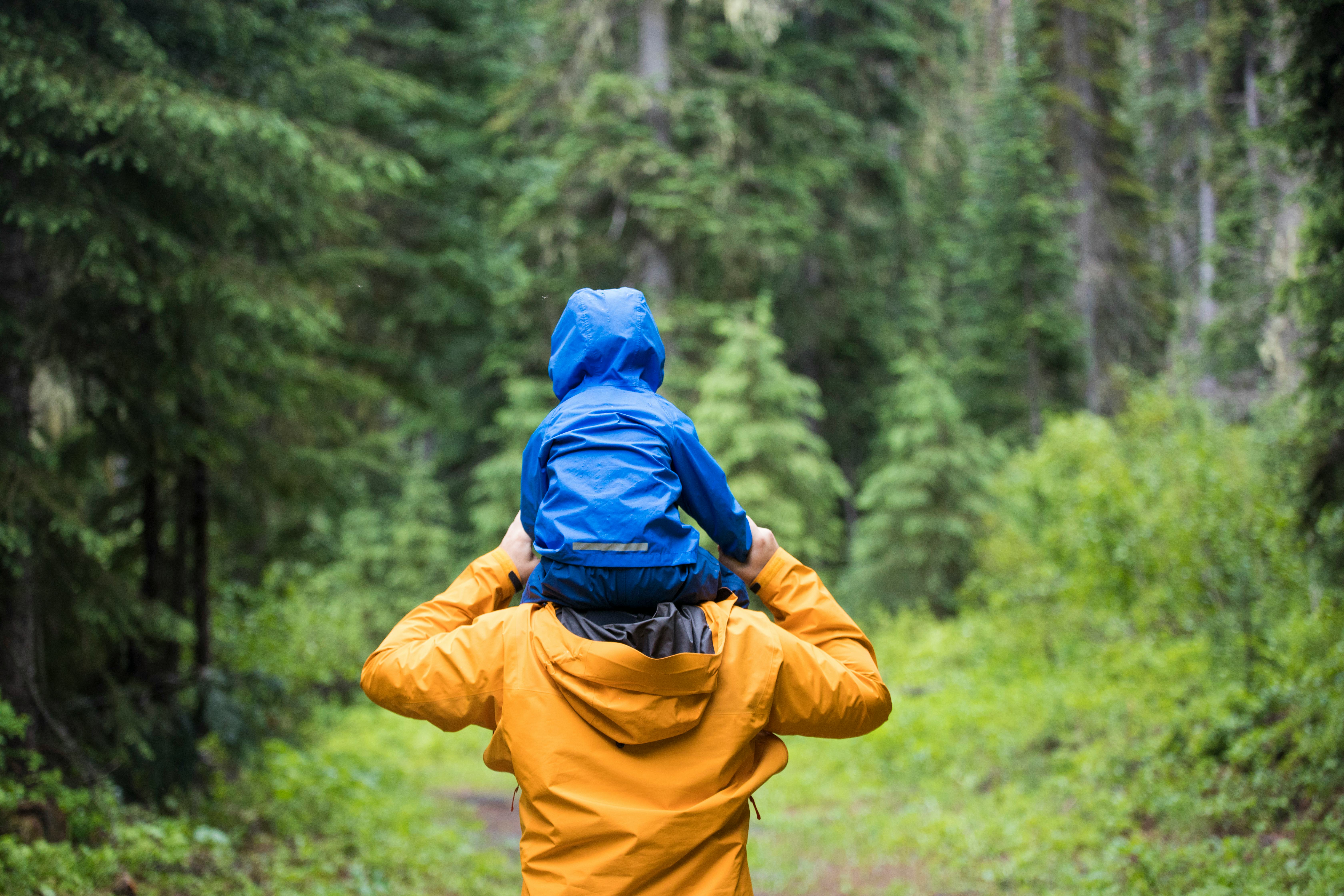 A son sits on father's shoulders